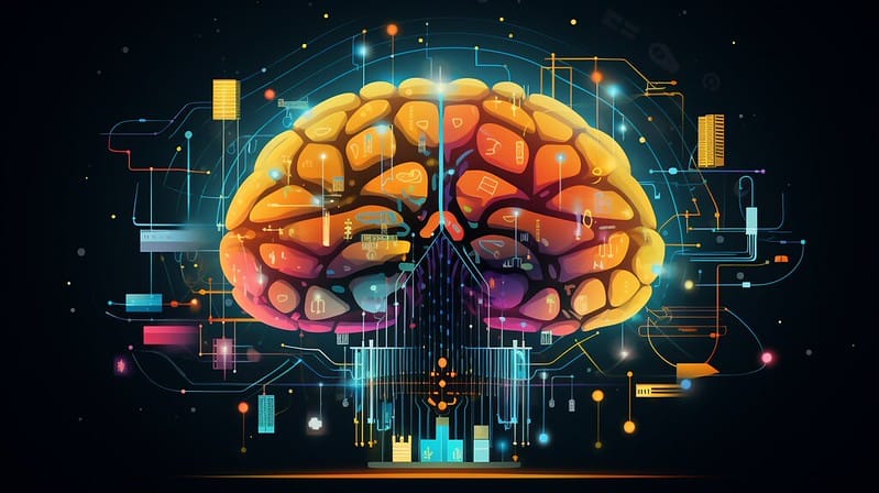 Intricate human concept showcasing the human mind at the centre of artificial innovation. Red Earth.